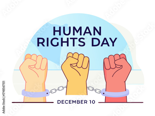 Human Rights Day Illustration Three Fists Raised with Shackles Celebrating Freedom and Equality on December 10th