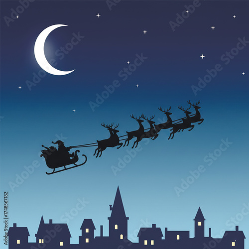 Silhouette of Santa Claus in sleigh pulled by reindeer flying above city under crescent moon and stars on Christmas night, festive winter illustration. Vector illustration
