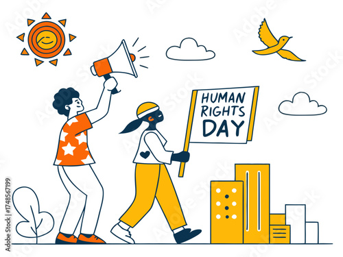 Illustration of People Marching for Human Rights Day with a Megaphone and a Sign in Hand