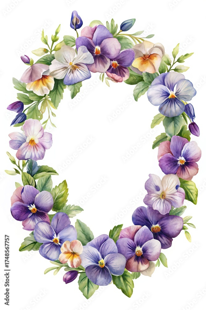 Fototapeta premium Watercolor Violet Pansy Flowers Frame Wreath Illustration Isolated on White Background