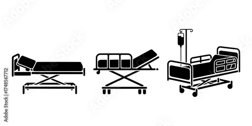 Three black silhouette medical bed icons: a hospital bed with an elevated headrest, a gurney with a segmented mattress, and a wheeled hospital bed with an IV pole and side rails.
