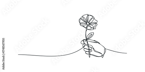 Hand holding a single flower in abstract continuous line drawing