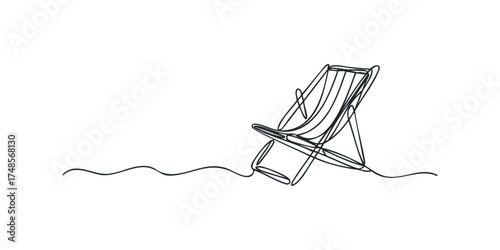 Single continuous line drawing of a beach chair on abstract waves