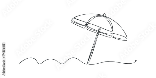 Minimalist beach umbrella on wavy sand single line drawing