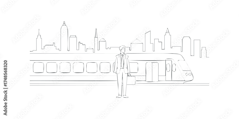 Obraz premium Man in suit with briefcase stands before a modern train and city skyline