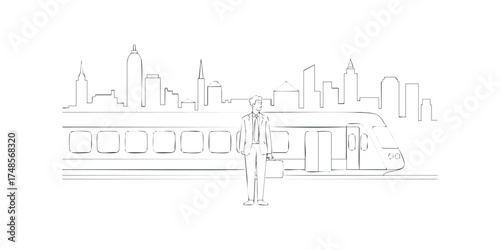 Man in suit with briefcase stands before a modern train and city skyline