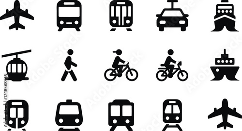 transportation, travel, vehicle, airplane, train, car, taxi, helicopter, ship, boat, ferry, pedestrian, cyclist, bicycle, silhouette, icon, symbol, public transport, commute, journey, movement, transp
