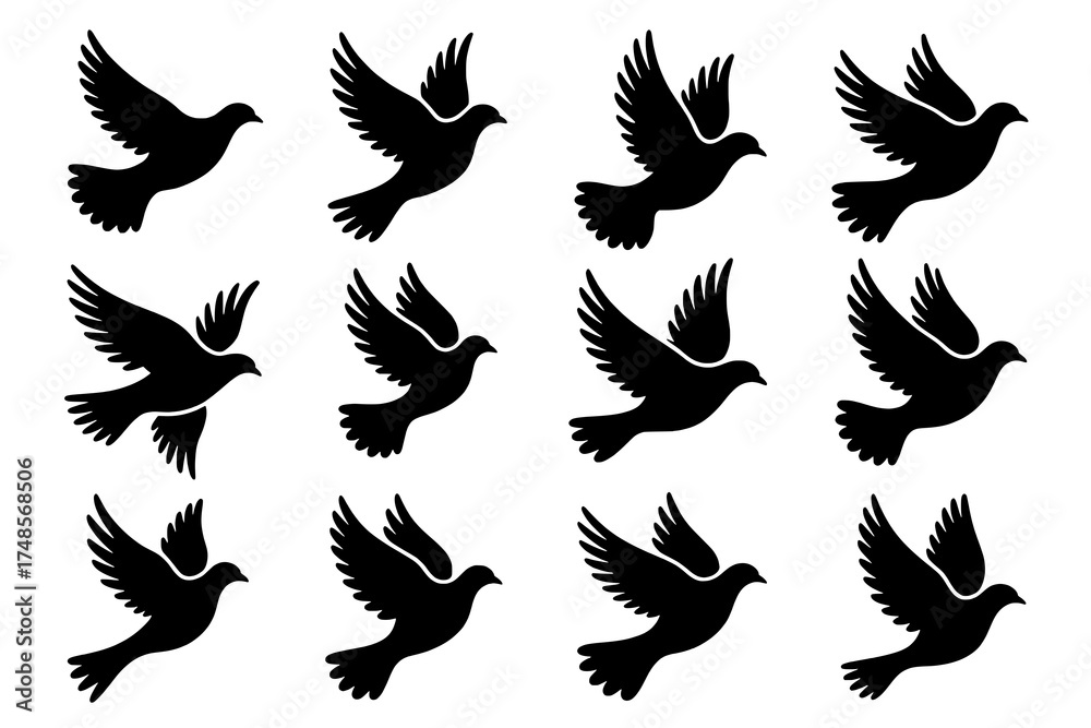 Obraz premium A grid of twelve solid black flying bird silhouettes, each with unique wing and tail positions, set against a pristine white background.