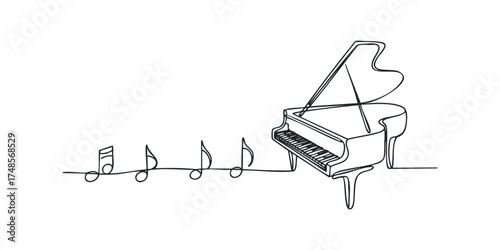 Simple line drawing of a grand piano with musical notes