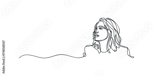 Minimalist single line drawing of a thoughtful woman looking upwards