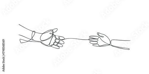 One line drawing of two hands reaching towards each other