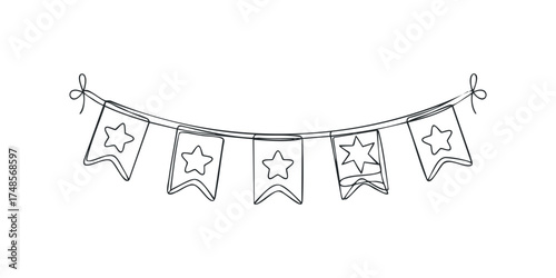 Continuous line drawing of five star pennants on string