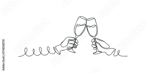 Two hands clinking champagne glasses in a continuous line drawing