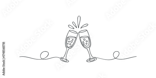 Two champagne glasses clinking with bubbles and splashes