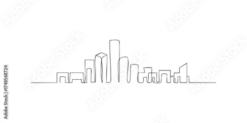 Continuous line drawing of a modern city skyline