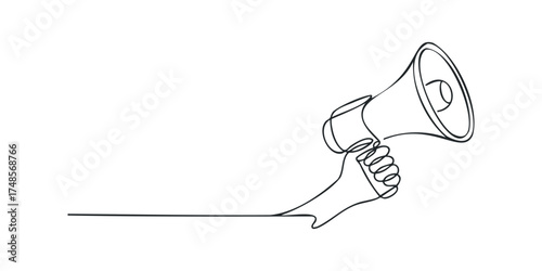 Hand holding a megaphone, single line continuous drawing