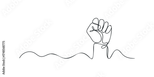 Single line drawing of a raised fist with wavy line below