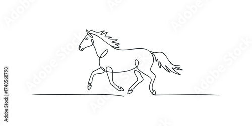 Minimalist single line drawing of a galloping horse