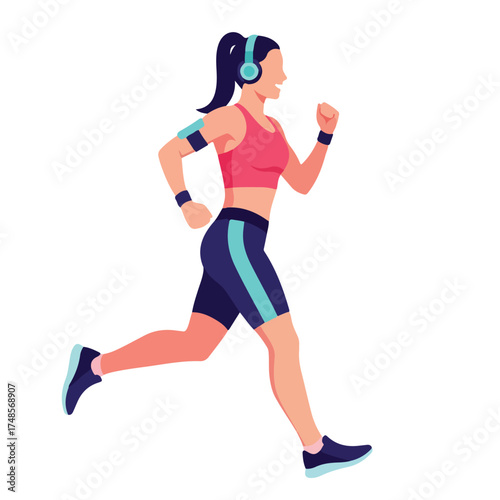 Illustration of a woman running with headphones and armband.