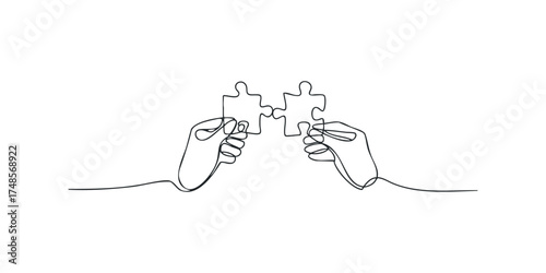 Hands connecting puzzle pieces with single line drawing