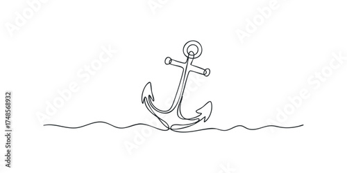 Single line drawing of a ship anchor on wavy surface