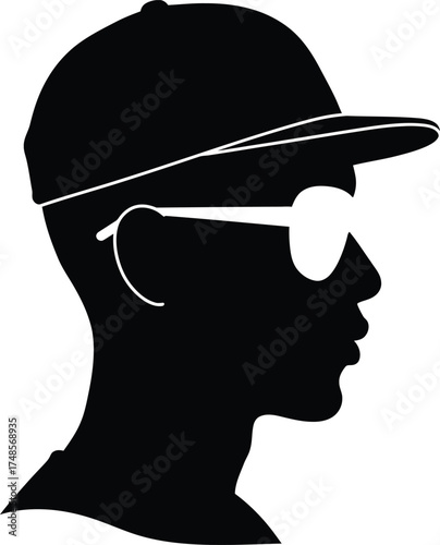 Silhouette of a person wearing a baseball cap and sunglasses profile view simple graphic design headshot minimalist style vector