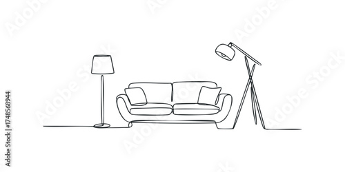 Continuous line drawing of a sofa and two lamps
