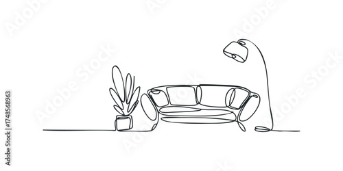 Minimalist continuous line drawing of a couch with plant and lamp