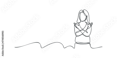 Single line drawing of a woman embracing herself with crossed arms