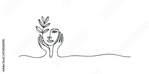 Abstract single line drawing of a face held by hands with foliage