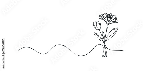 Single line drawing of flower and stem with wave