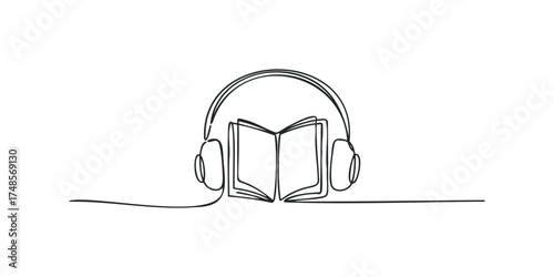 Line art of open book with headphones