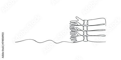 Abstract line drawing of multiple open hands reaching