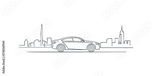 Sleek Automobile Driving Along a City Skyline