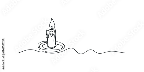 Single line drawing of a lit candle on a saucer