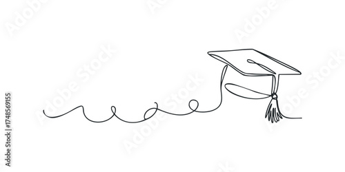 Graduation Cap with Tassel Drawn with Single Line