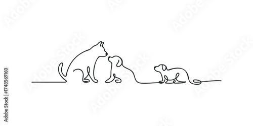 Three dogs drawn in a single continuous line