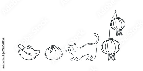 Cute cat and Asian food icons with lanterns