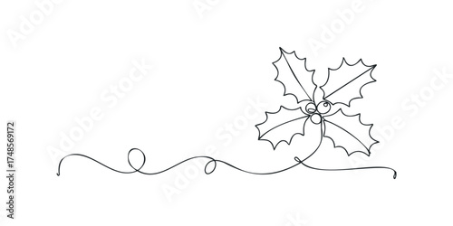 Minimalist continuous line drawing of holly leaves and berries