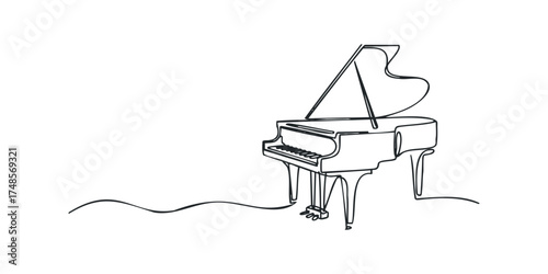 Minimalist line drawing of a grand piano with open lid