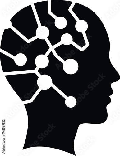 Silhouette of human head with glowing neural network or circuit board connections representing artificial intelligence and modern technology concepts. vector