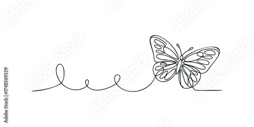 Minimalist continuous line drawing of a butterfly with flowing tail