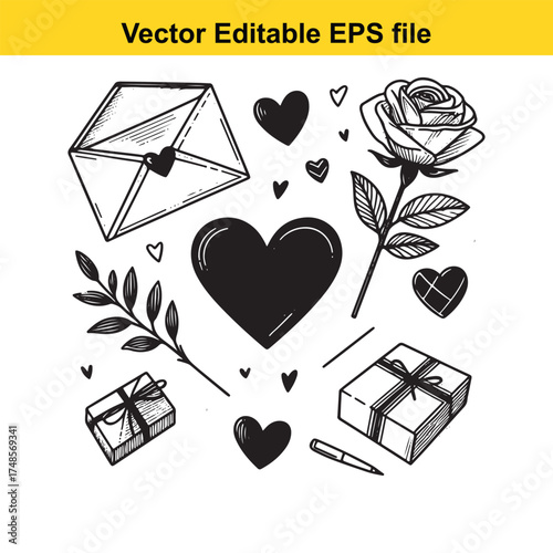 Vector art of a collection of handdrawn vector illustrations featuring romantic symbols like hearts, gifts, and a rose, perfect for valentines day or lovethemed designs