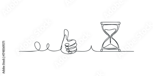 Continuous line drawing of hourglass and thumb up