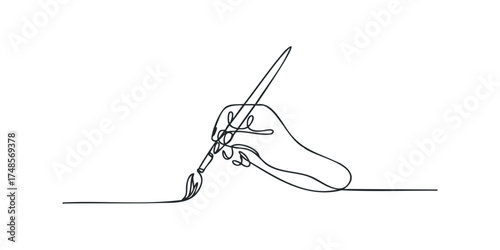 Continuous line drawing of hand holding paintbrush