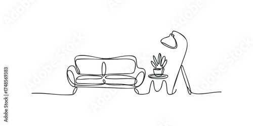Minimalist line drawing of living room furniture with a plant