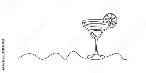 Minimalist continuous line drawing of a cocktail with citrus garnish