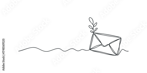 Minimalist single line drawing of an envelope with a plant sprout