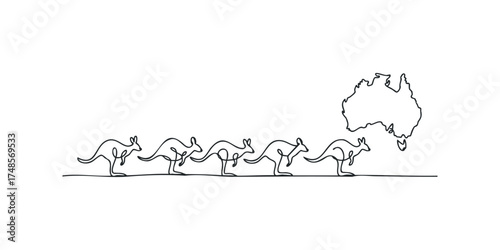 Line drawing of kangaroos hopping across Australia outline