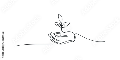 Single line drawing of hands holding a growing seedling